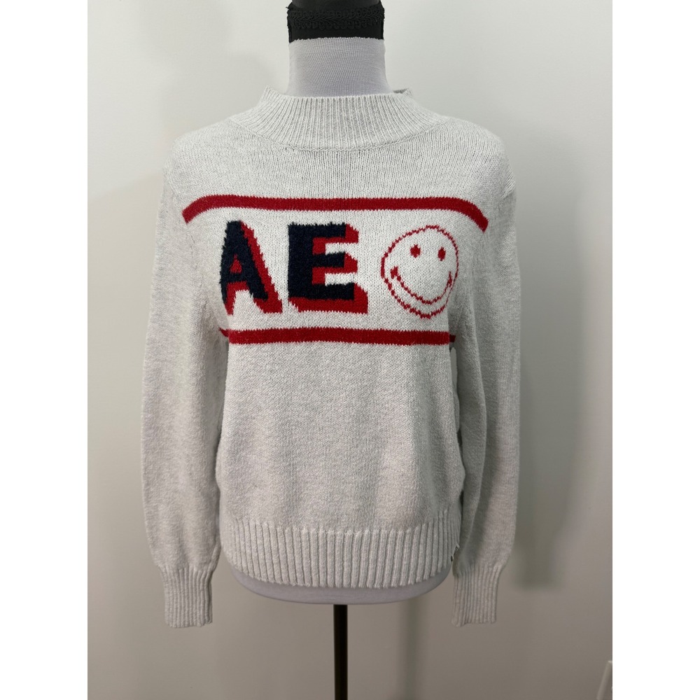 American Eagle Smiley Face AE Mock Neck Knit Sweater Gray Red Navy Mens Medium